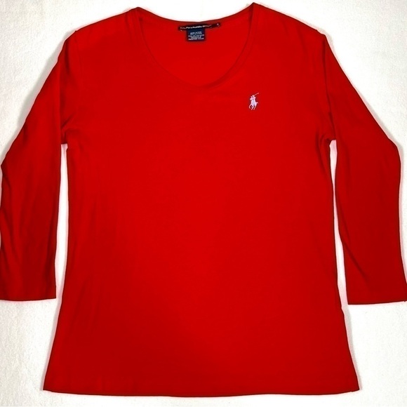 RALPH LAUREN SPORT Women’s V Neck 3/4 Sleeve Knit Red Top Light Blue Pony Size S - Picture 1 of 11